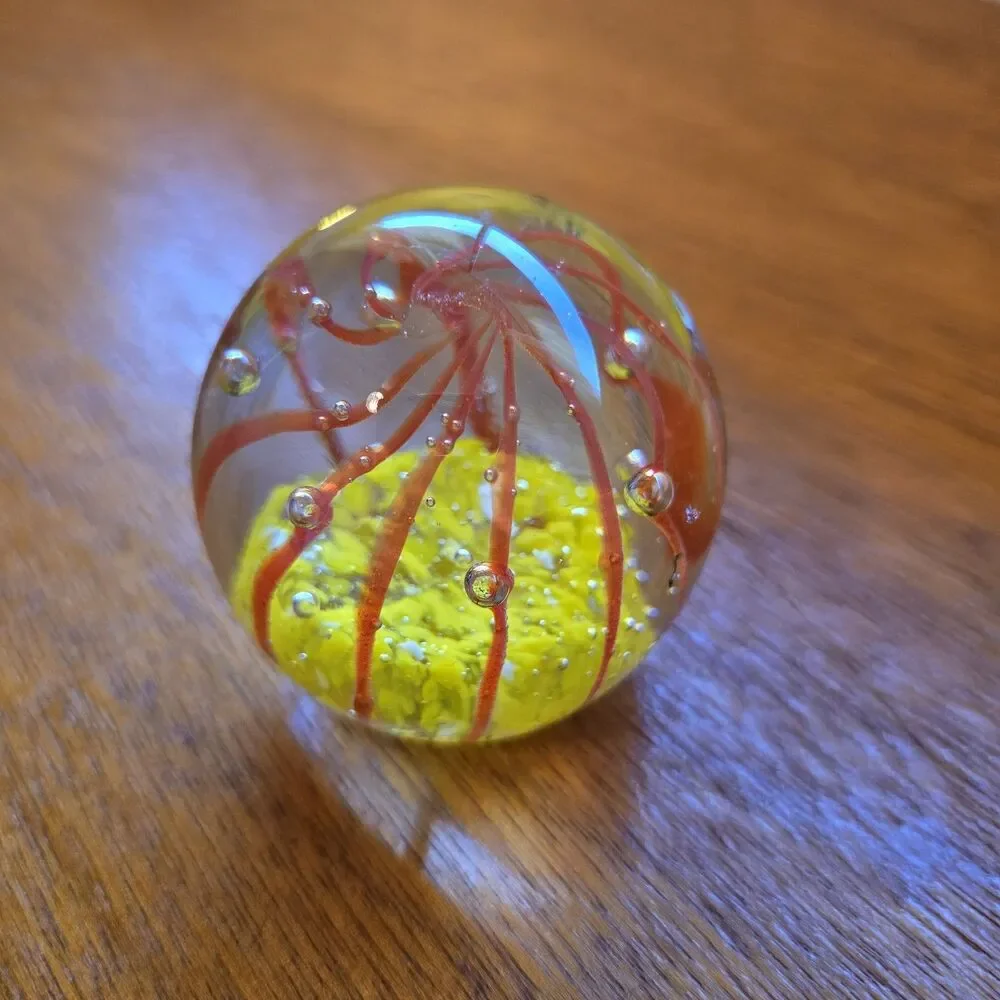 Vintage Art Glass Clear/Yellow/Red With Controlled Bubbles Paperweight